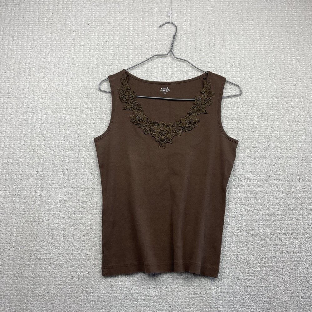 Y2K Falls Creek Brown Floral Lace Trim Tank Top Boho Romantic Feminine Sz M